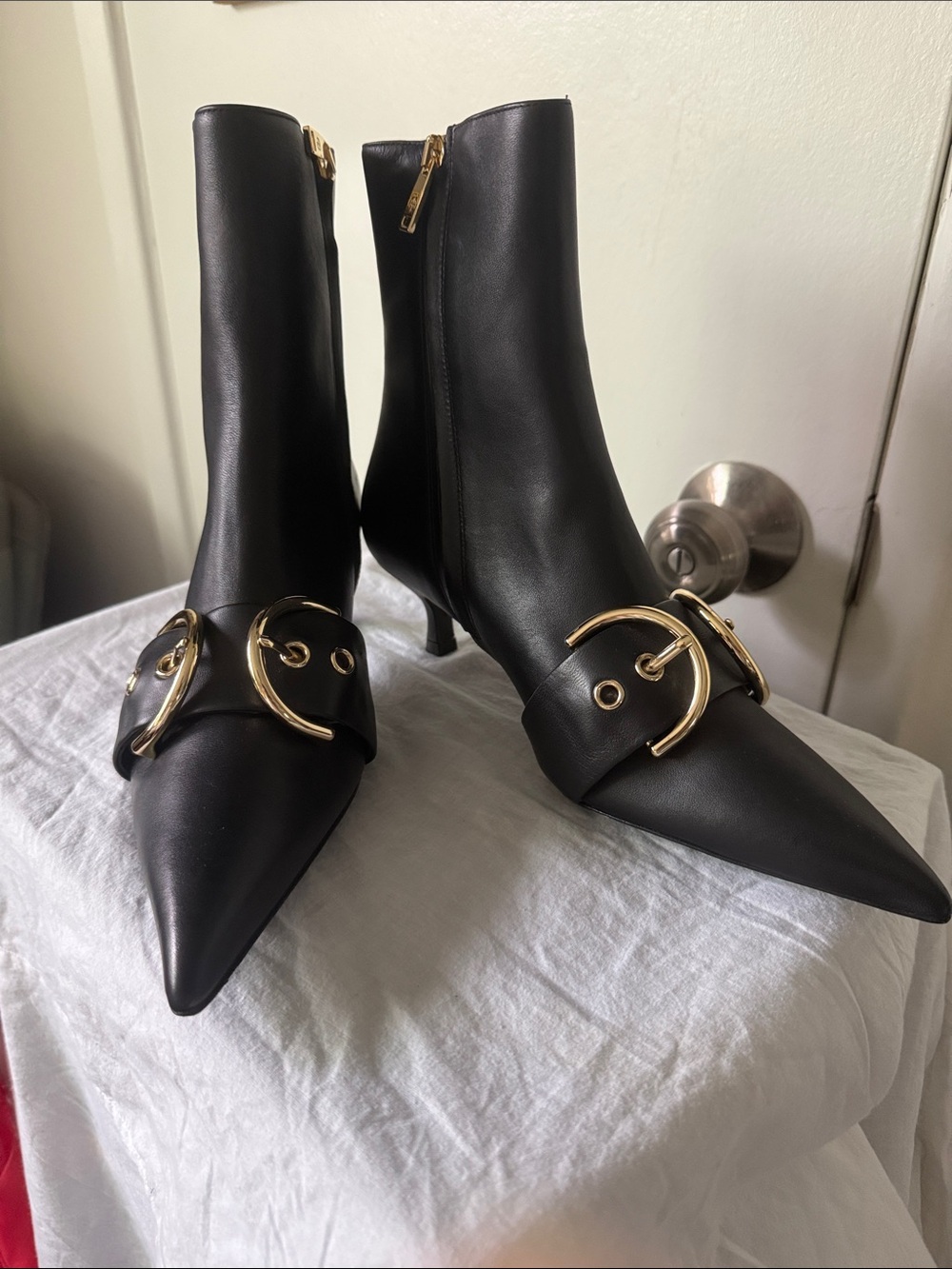Anine Bing Zoe Black Pointed Toe Ankle Boots with Gold Buckle size 36
